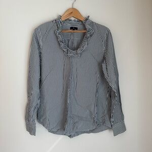 Gap White w/Dark Gray Vertical Stripe Woven Top With Ruffle Collar Size Large